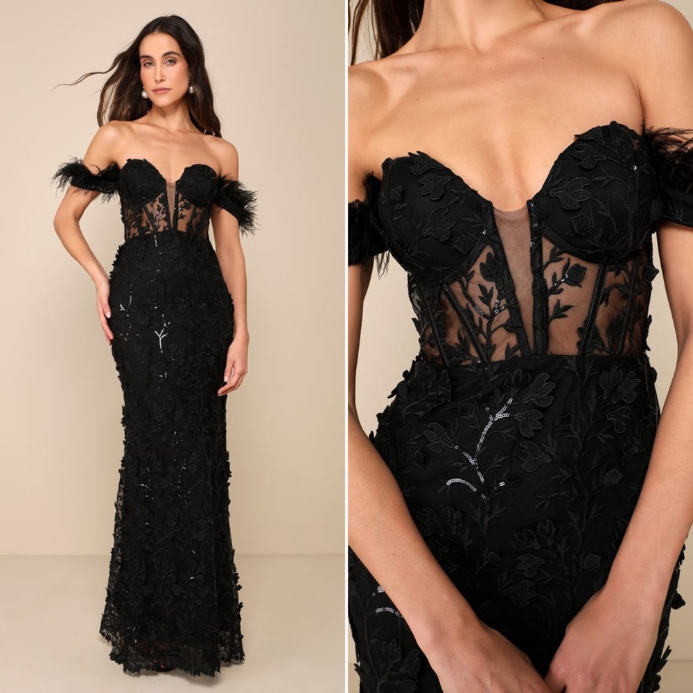 Lulus Midnight Sparkle Black Embroidered Feather Bustier Maxi Dress Sz S NEW